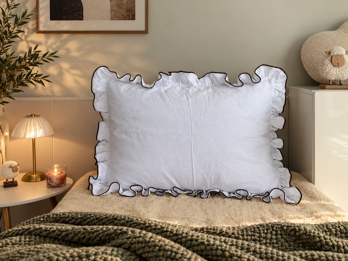Isabella Linen & Merino Wool Pillow, Ruffled Linen Pillow, Natural Wool Filled Bed Pillow with Contrast Piping – The Woolland