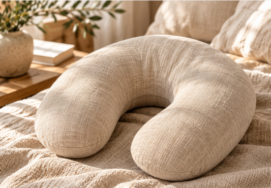Natural Linen Travel Pillow with Wool Filling – Handmade Neck Cushion