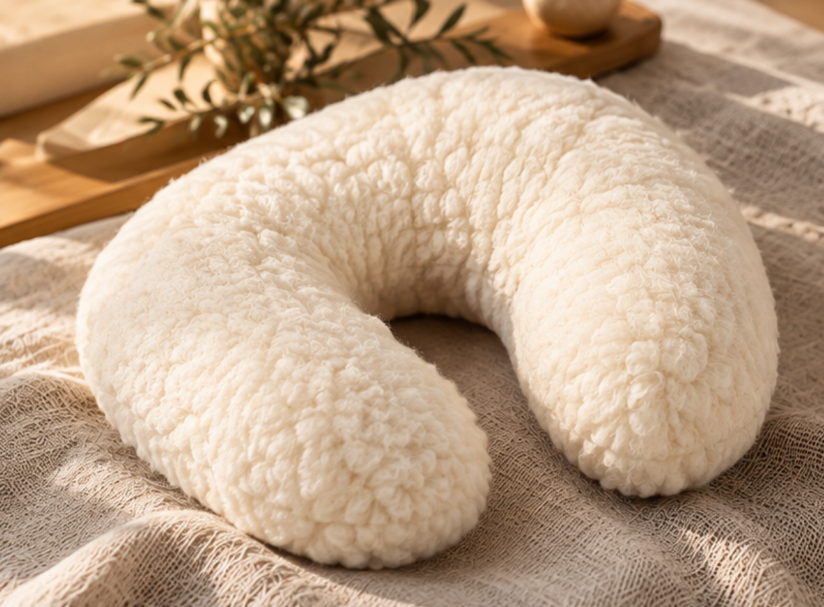 Merino Wool Travel Pillow – Natural Wool Filled Neck Cushion, Handmade Travel Comfort Pillow