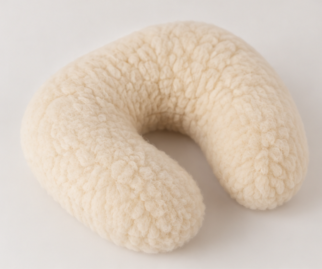 Merino Wool Travel Pillow – Natural Wool Filled Neck Cushion, Handmade Travel Comfort Pillow