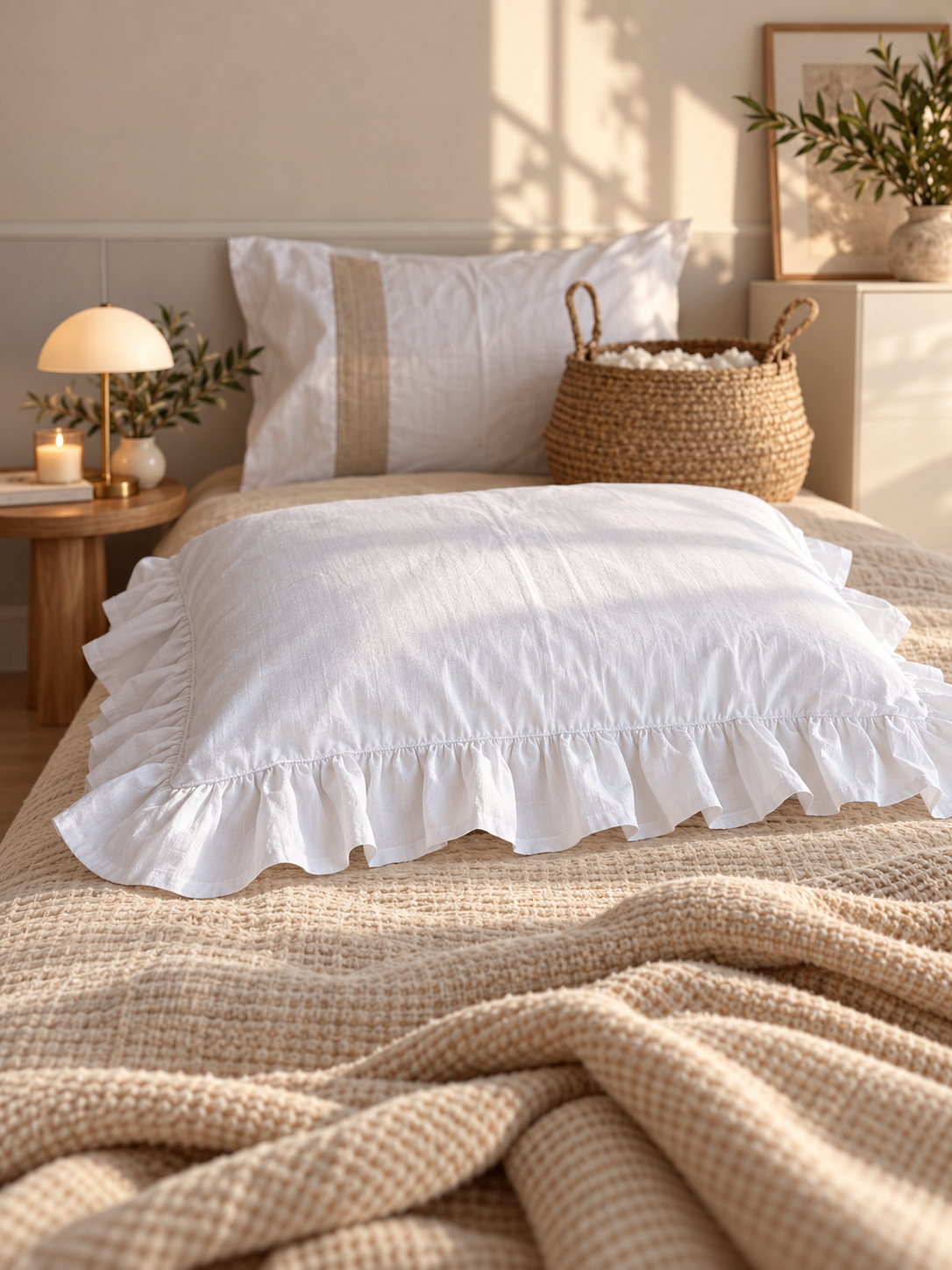 Diana Linen & Merino Wool Pillow, Ruffled Linen Pillow with Ties, Natural Wool Filled Bed Pillow – The Woolland