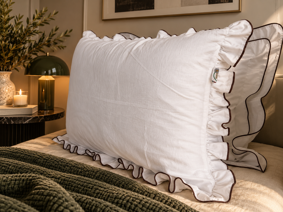 Isabella Linen & Merino Wool Pillow, Ruffled Linen Pillow, Natural Wool Filled Bed Pillow with Contrast Piping – The Woolland