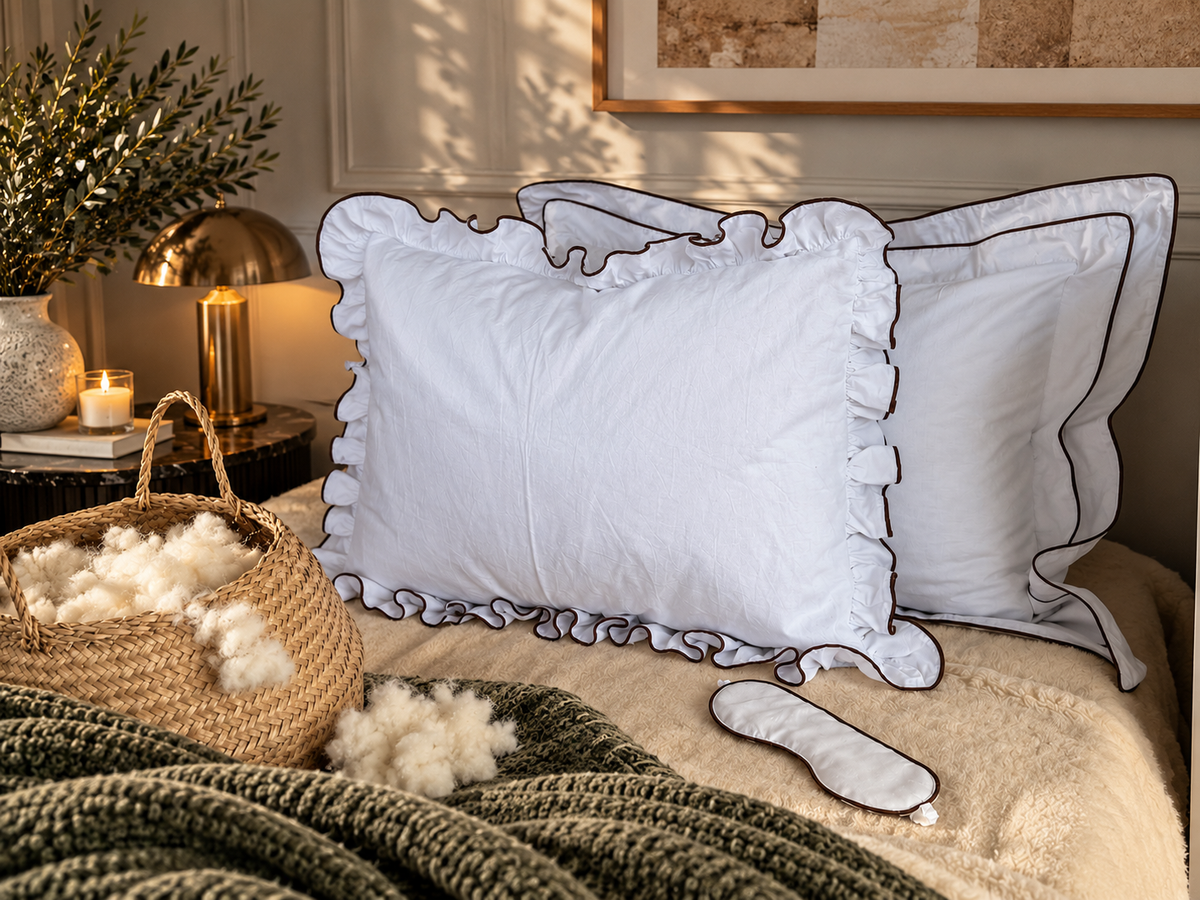 Isabella Linen & Merino Wool Pillow, Ruffled Linen Pillow, Natural Wool Filled Bed Pillow with Contrast Piping – The Woolland