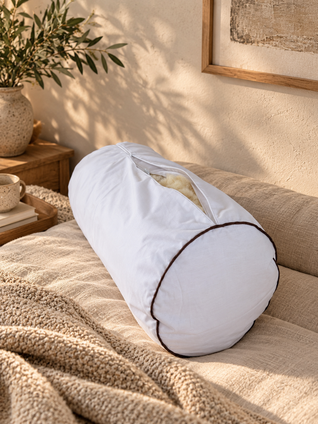 Sofia – Merino Wool Bolster Pillow | Linen Neck Roll & Yoga Support | The Woolland