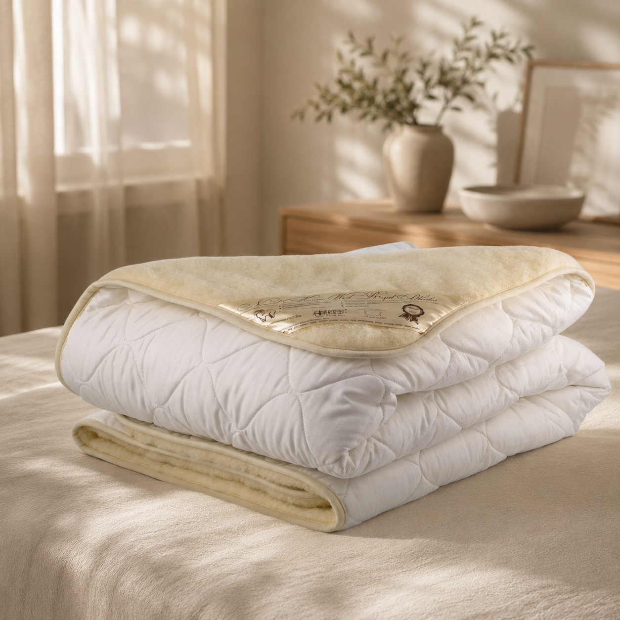 Luxury natural linen duvet with Merino wool filling in a cozy Scandinavian bedroom