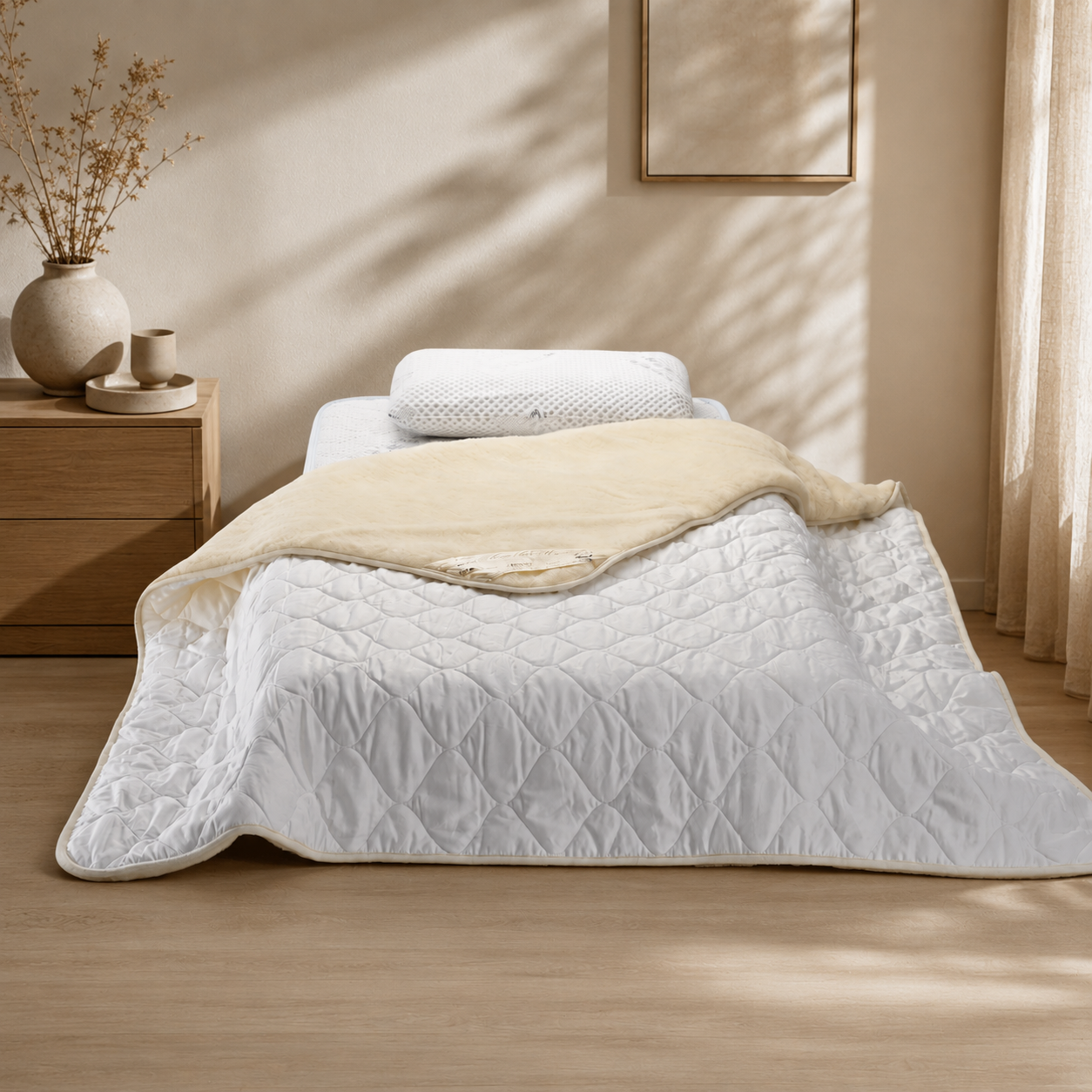 Natural linen and Merino wool duvet styled on a modern bedroom bed for year-round comfort