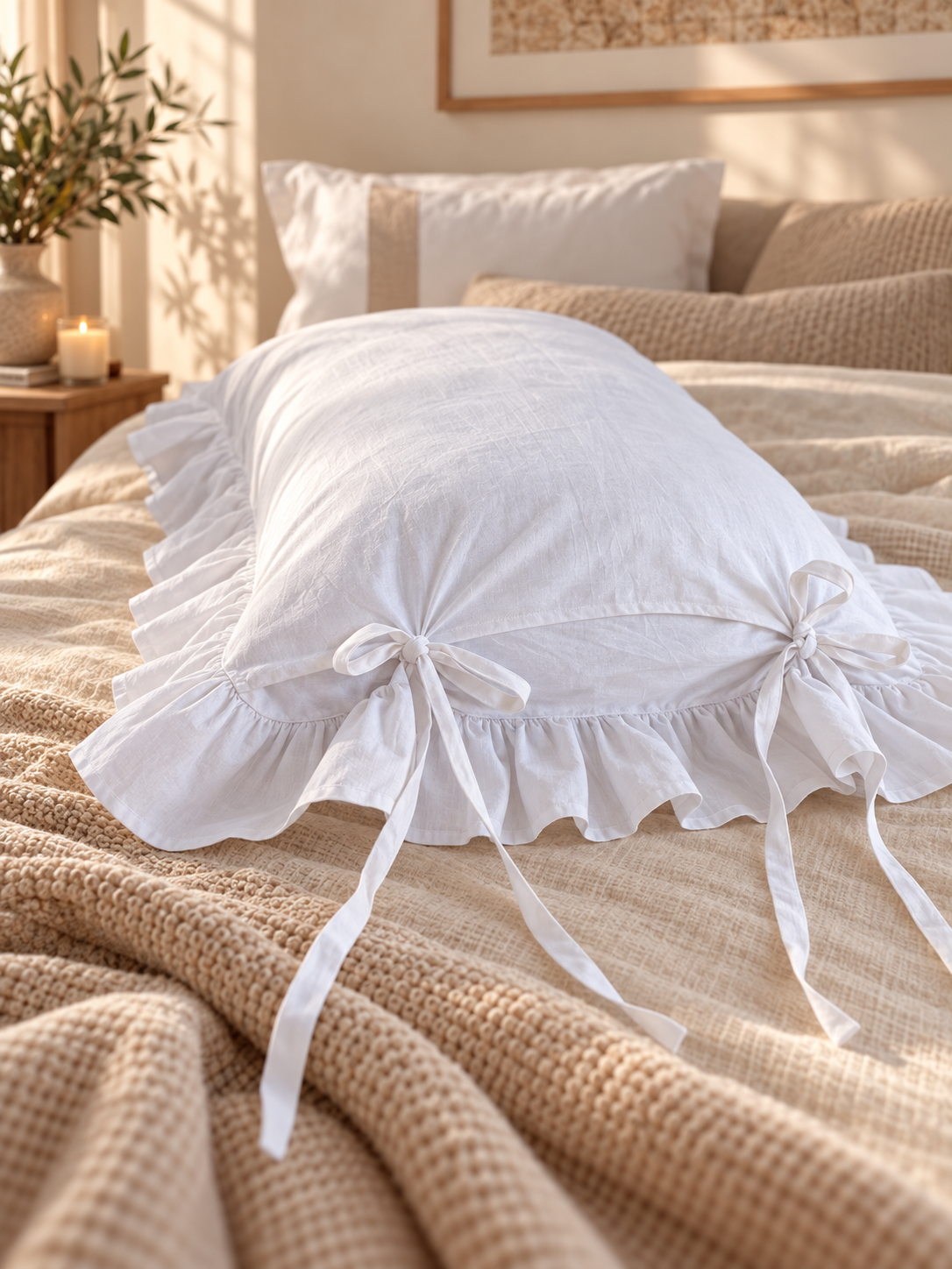 Diana Linen & Merino Wool Pillow, Ruffled Linen Pillow with Ties, Natural Wool Filled Bed Pillow – The Woolland