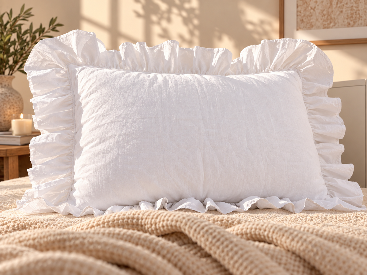 Diana Linen & Merino Wool Pillow, Ruffled Linen Pillow with Ties, Natural Wool Filled Bed Pillow – The Woolland