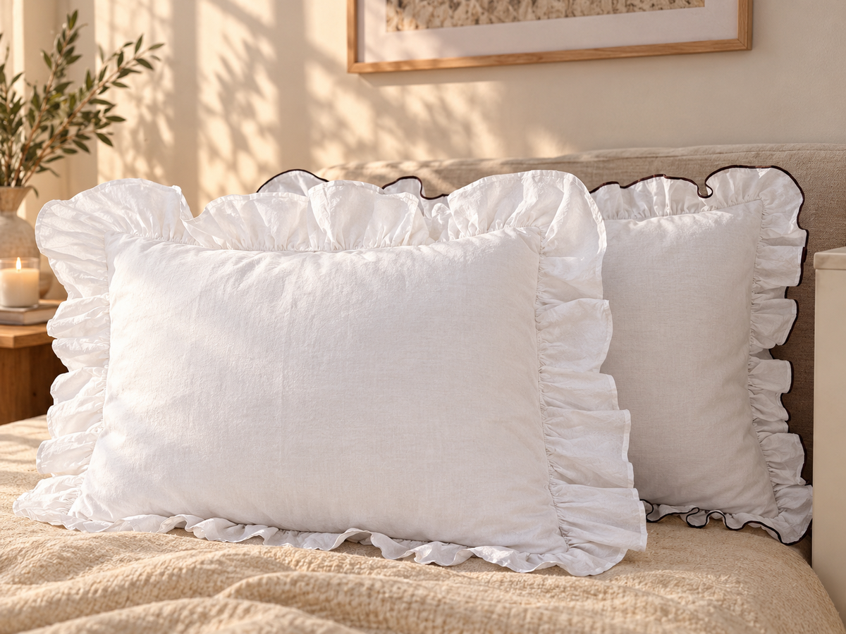 Diana Linen & Merino Wool Pillow, Ruffled Linen Pillow with Ties, Natural Wool Filled Bed Pillow – The Woolland