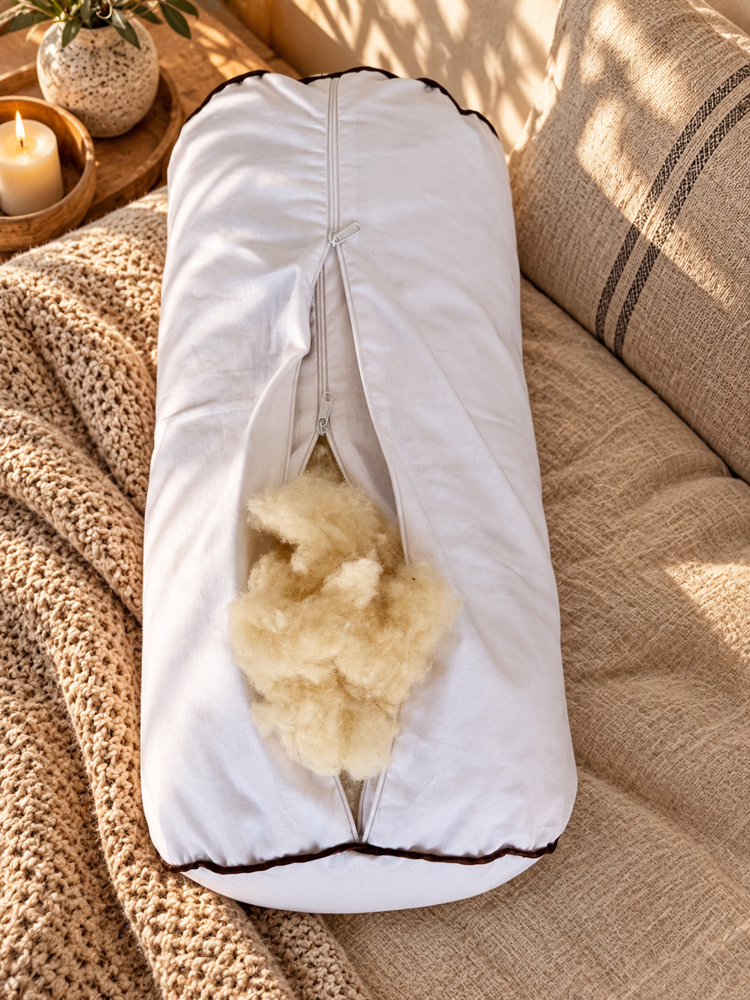 Sofia – Merino Wool Bolster Pillow | Linen Neck Roll & Yoga Support | The Woolland