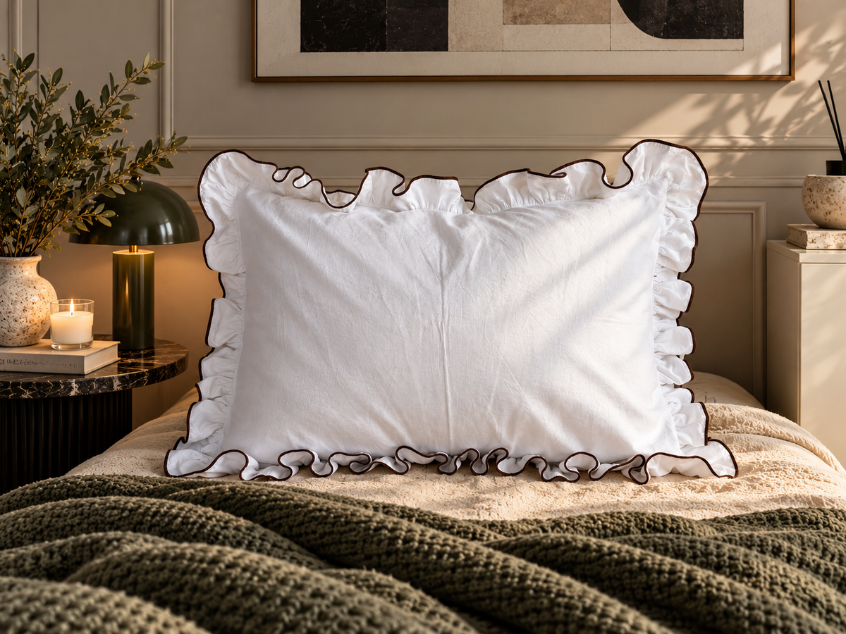 Isabella Linen & Merino Wool Pillow, Ruffled Linen Pillow, Natural Wool Filled Bed Pillow with Contrast Piping – The Woolland