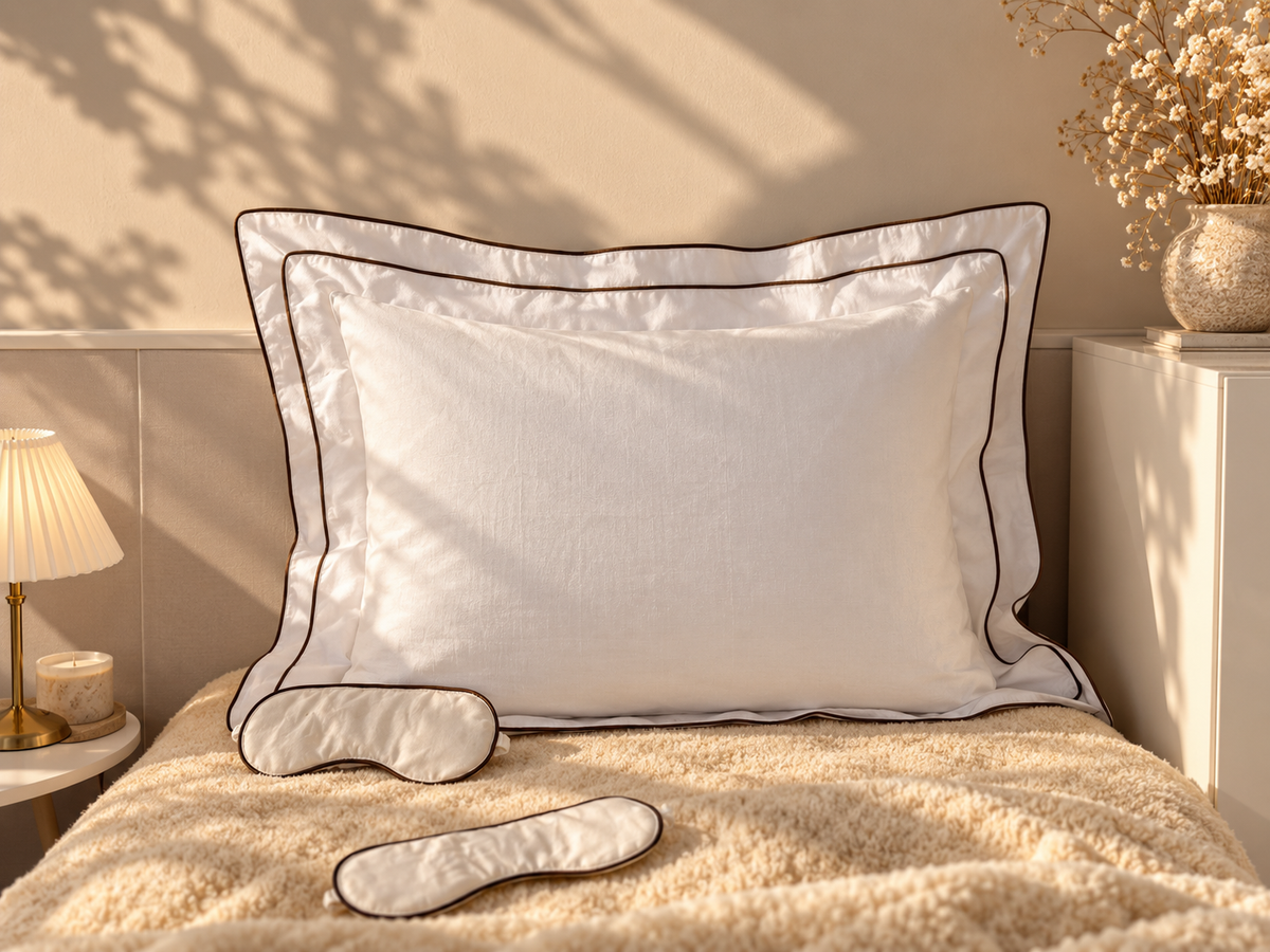 Elizabeth decorative linen pillow styled on a bed in a neutral bedroom
