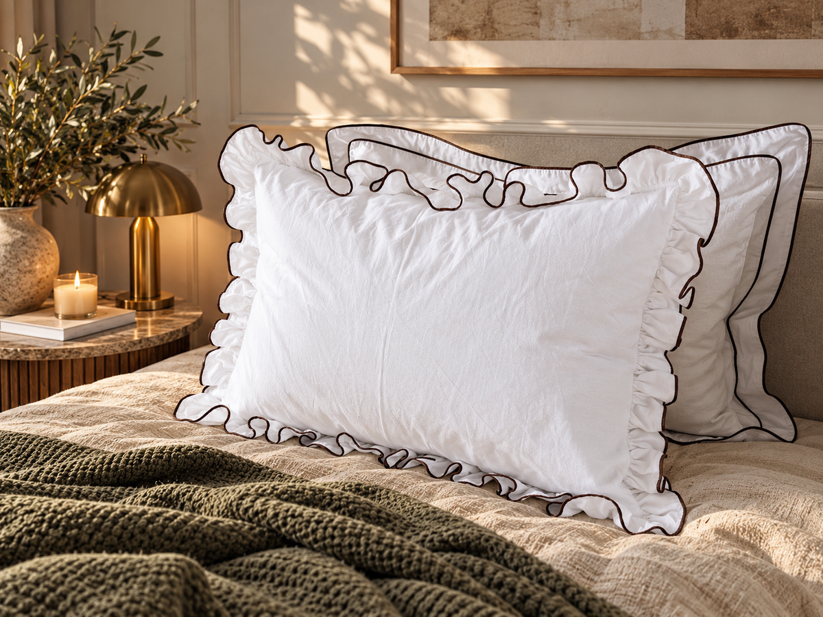 Isabella Linen & Merino Wool Pillow, Ruffled Linen Pillow, Natural Wool Filled Bed Pillow with Contrast Piping – The Woolland