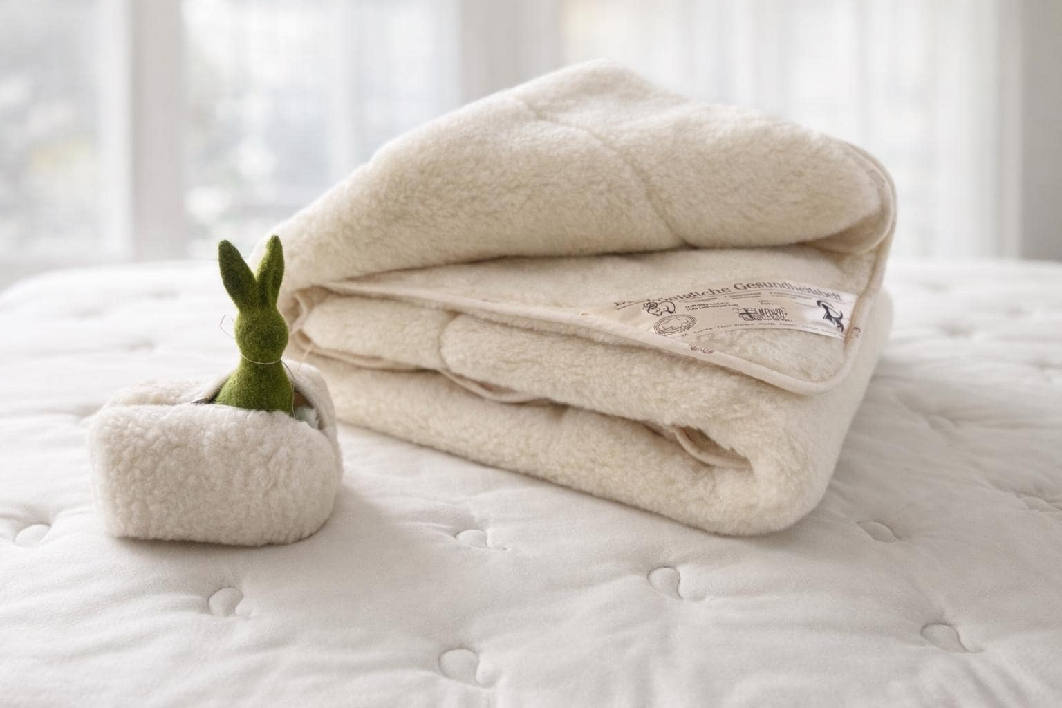 Folded Merino wool blanket with matching handmade cosmetic pouch