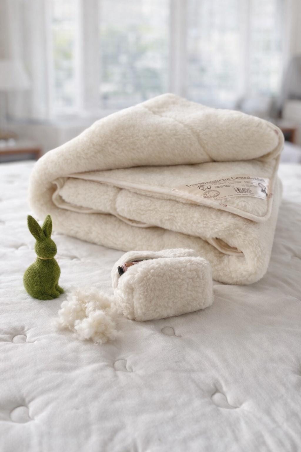 Complete Merino wool bedding set with luxury blanket and matching cosmetic bag