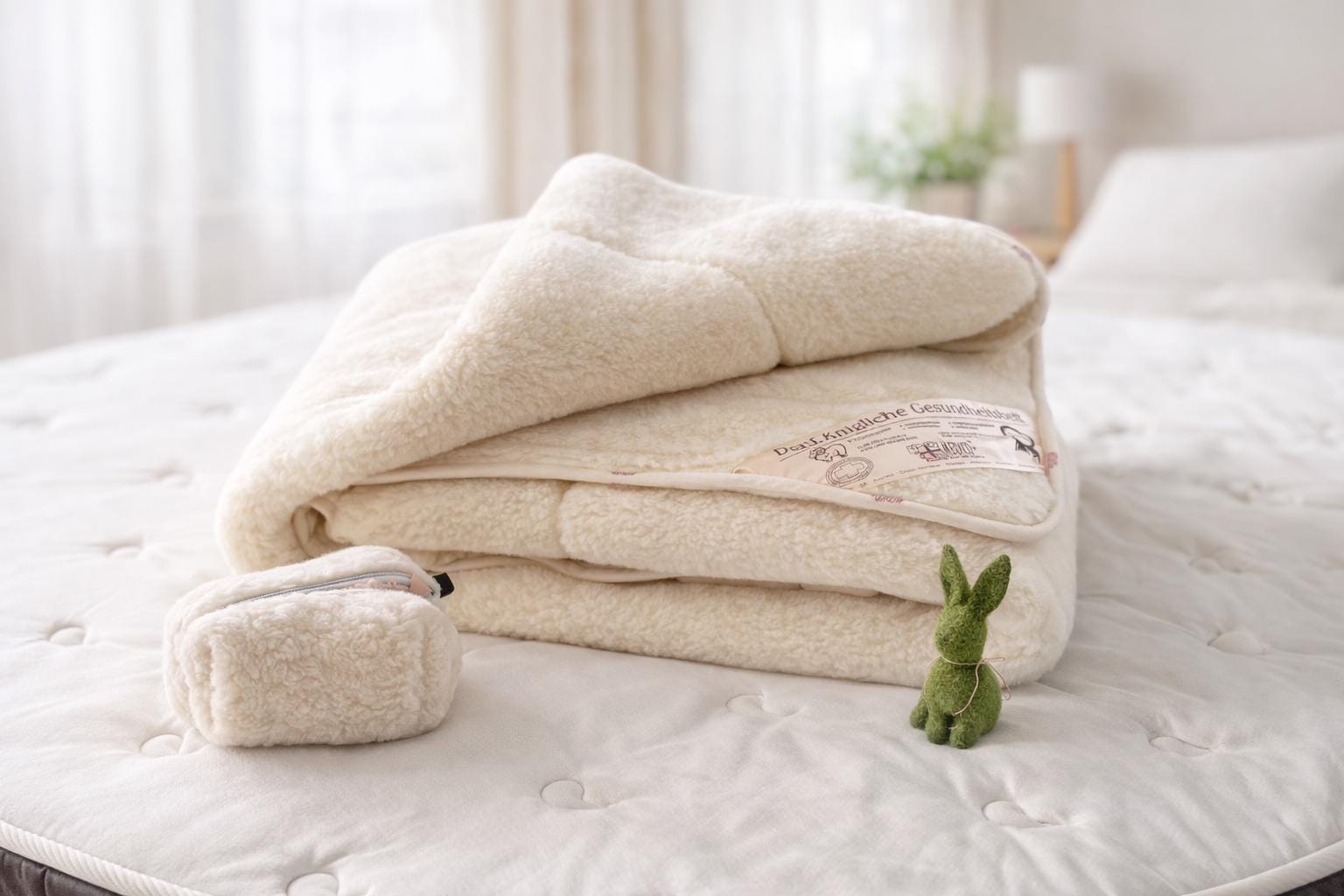 Natural Merino wool blanket and cosmetic bag set styled in a modern bedroom