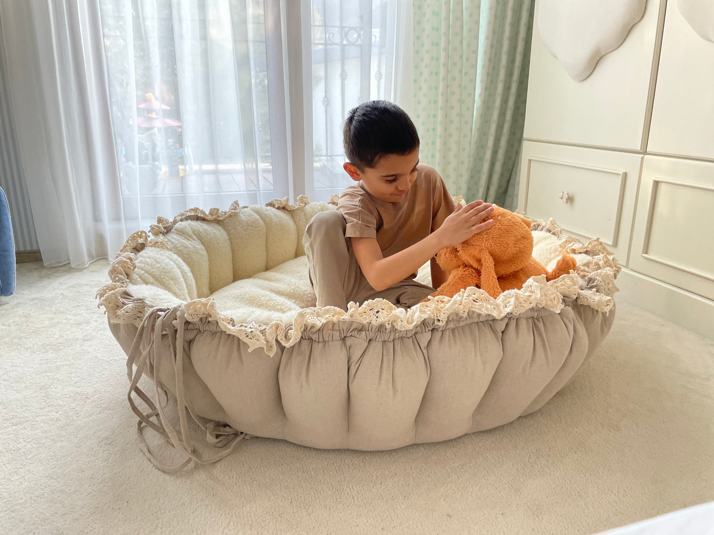 Luxury Handmade Baby Cocoon – 3-in-1 Baby Nest, Linen & Wool, Designer Baby Lounger