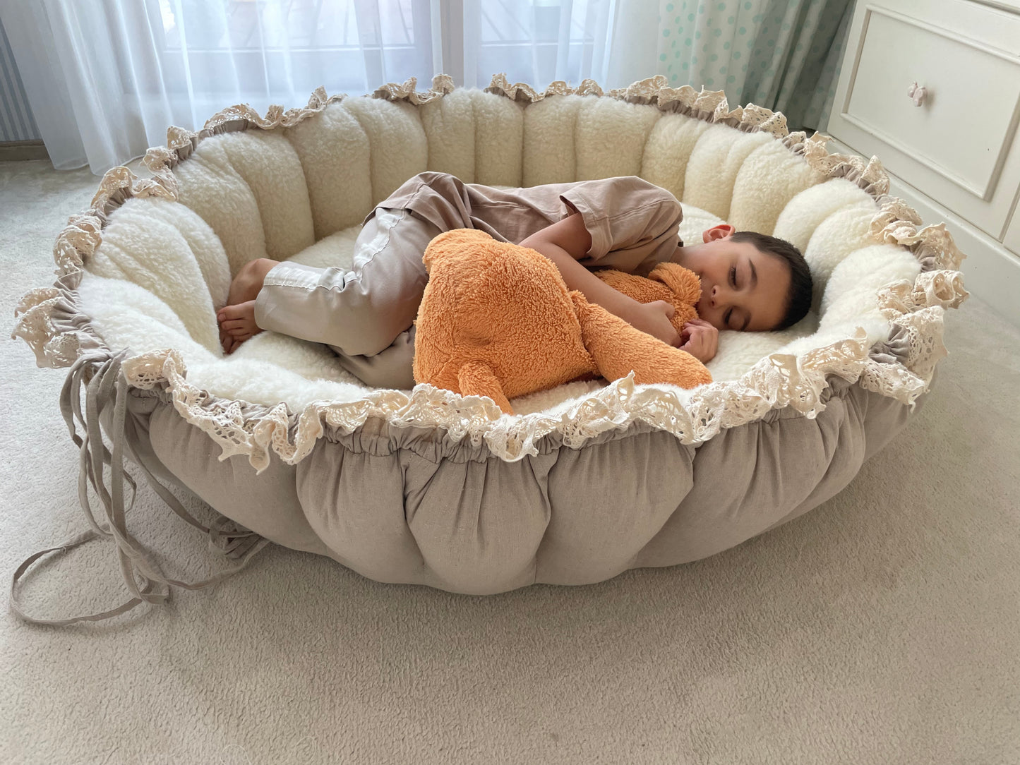 Luxury Handmade Baby Cocoon – 3-in-1 Baby Nest, Linen & Wool, Designer Baby Lounger